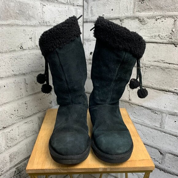 Ugg Black Suede Sherpa Lined Mid Calf Boots - Picture 4 of 12